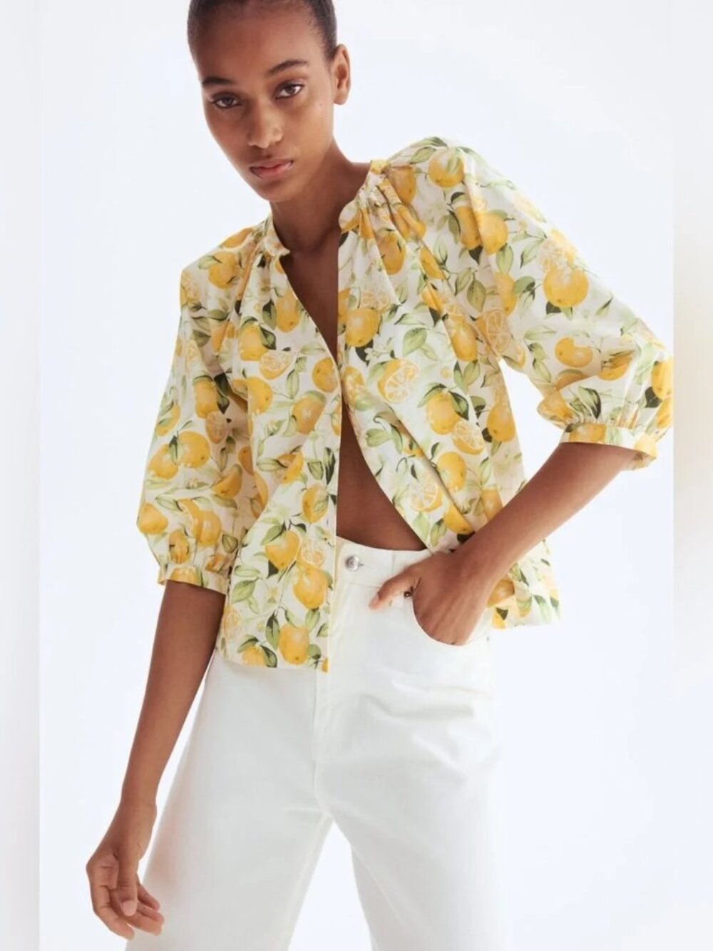 H&M Lemon Print Cotton Blouse Top Yellow White Puff Sleeve Button Front size M - Picture 2 of 12